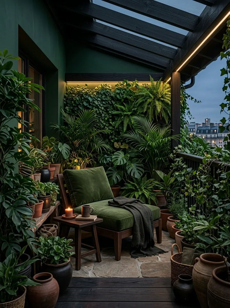 Moody Green Balcony Retreat With Dark Wood and Dense Potted Plants