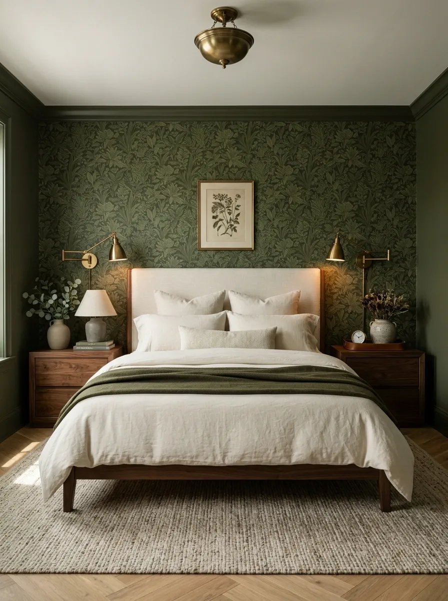 Moody Green Bedroom With Botanical Wallpaper
