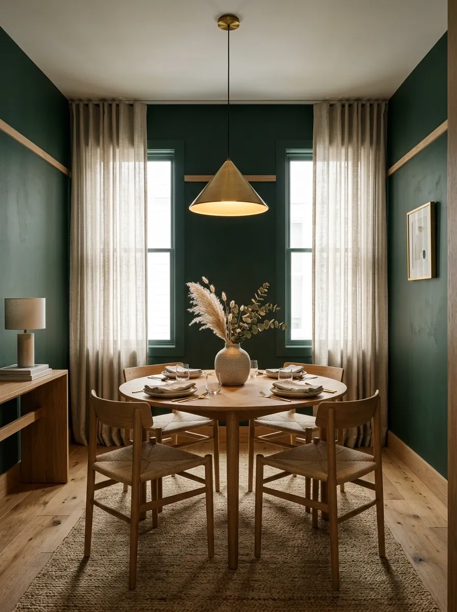 Moody Green Dining Room With Round Table and Linen Drapes