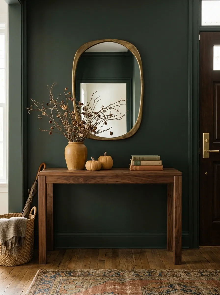 Moody Green Entry With Walnut Console and Ochre Accents