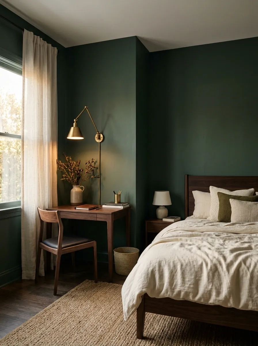 Moody Green Guest Room With a Brass-Lit Writing Corner