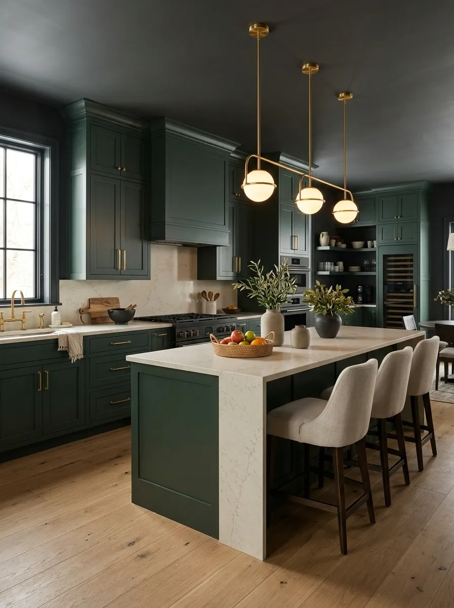 Moody Green Kitchen With Charcoal Walls and Brass Lighting