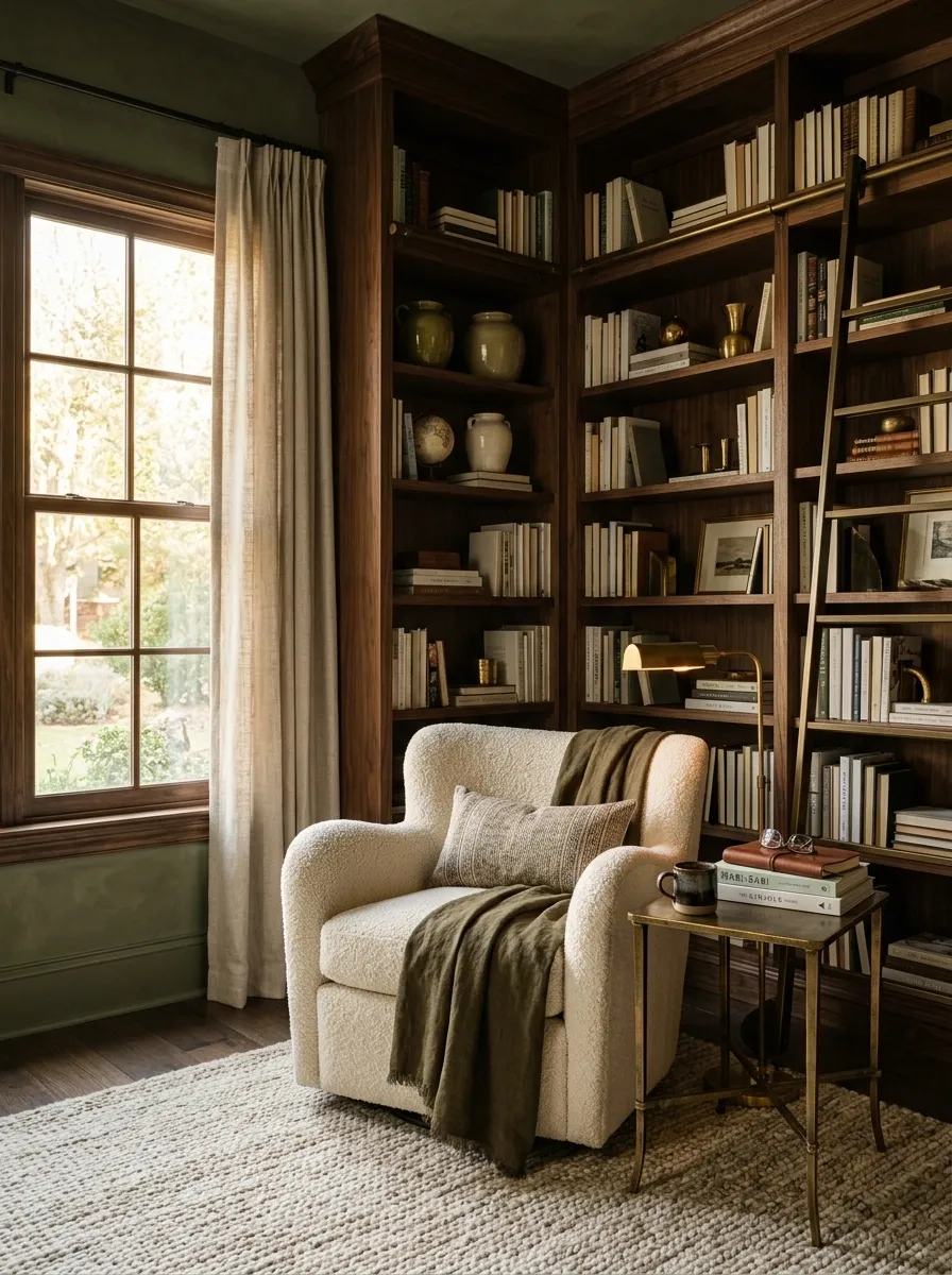 Moody Green Library With Floor-to-Ceiling Shelving