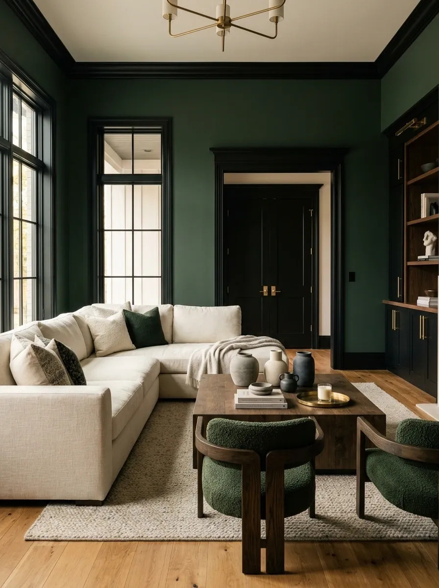 Moody Green Living Room With Black Trim and Cream Furniture