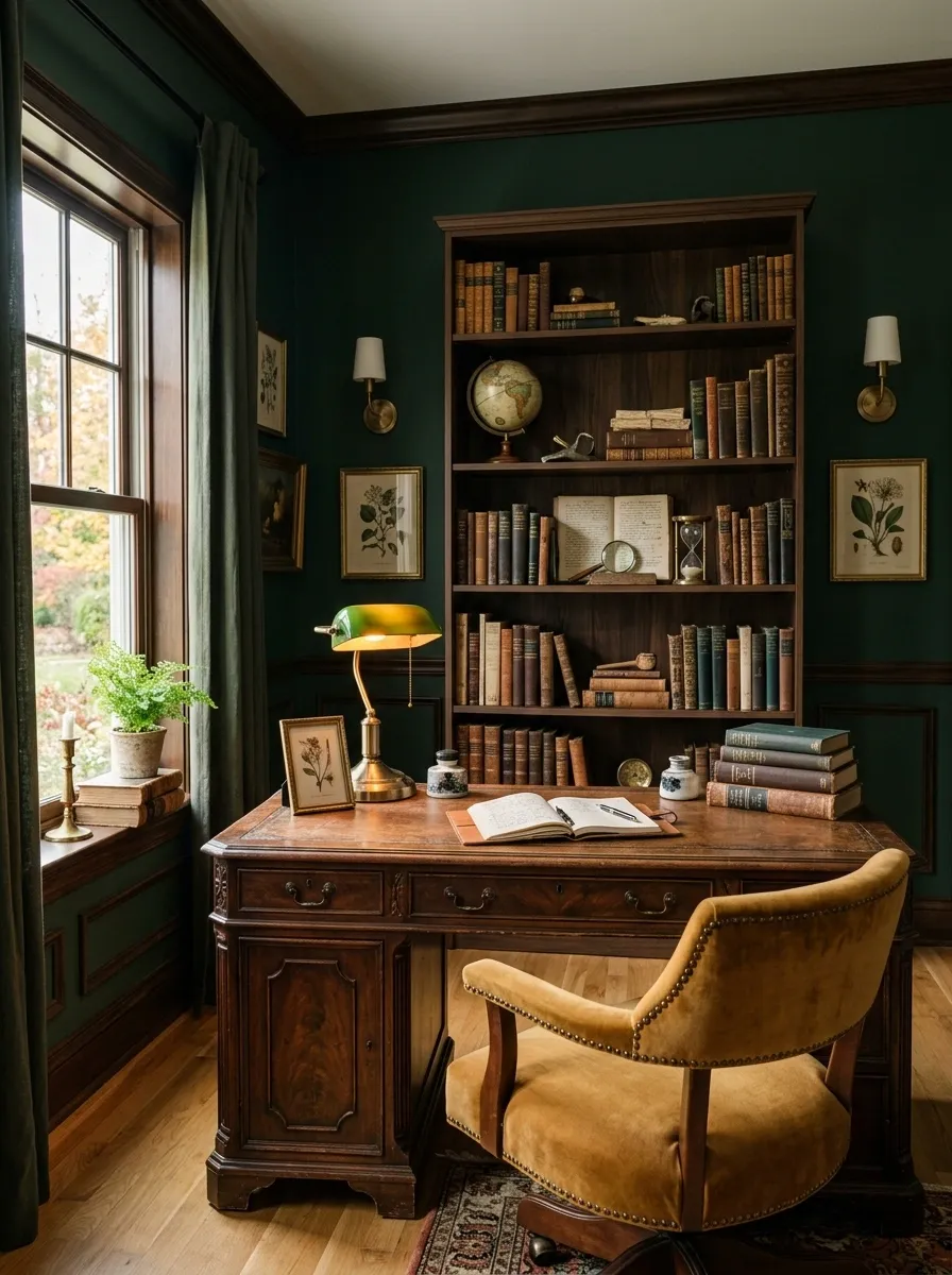 Moody Green Office With Antique Wood Furniture