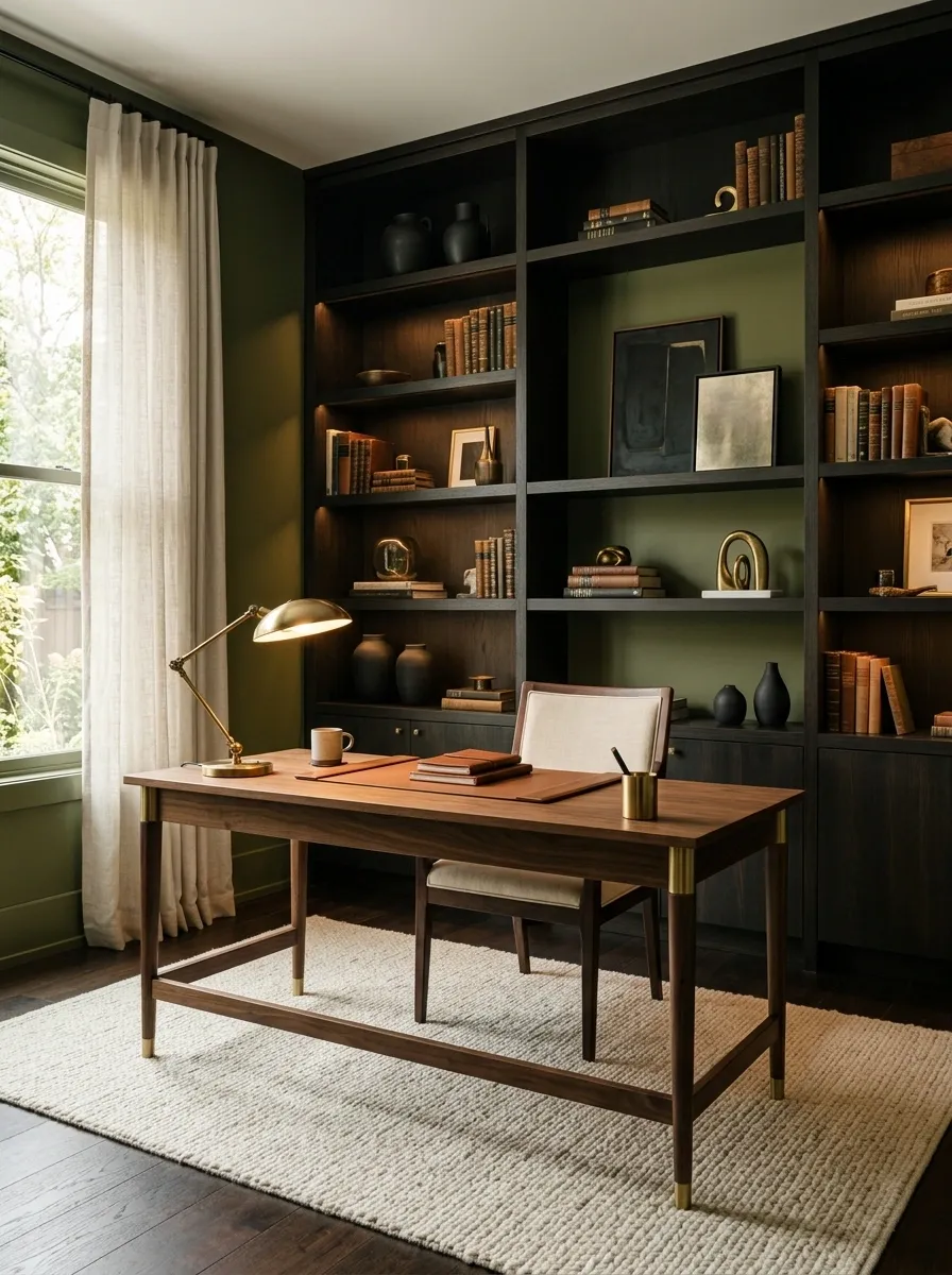 Moody Green Office With Dark Built-In Shelving