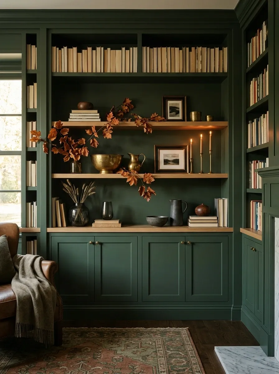 Moody Green Shelf With Brass Details and Burnished Orange Accents