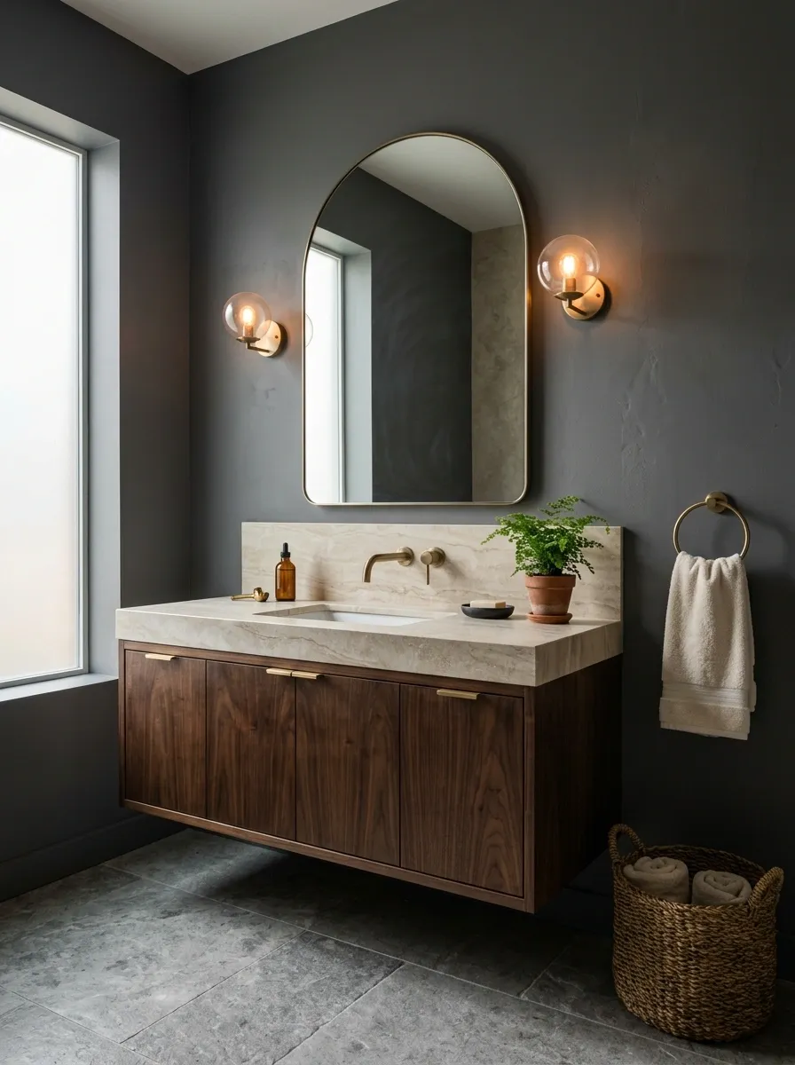 Moody Grey and Beige Bathroom With Walnut