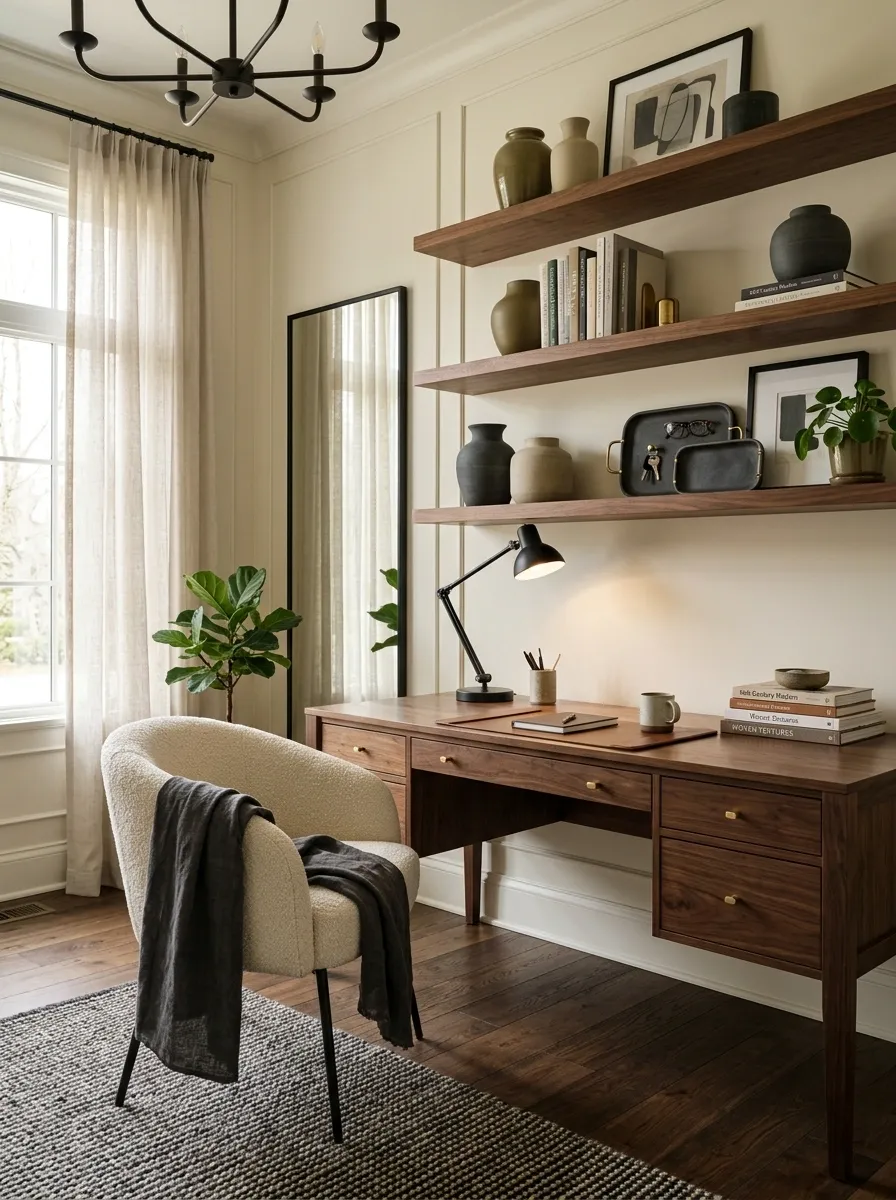 Moody Home Office With Walnut Shelving and Dark Oak Floors