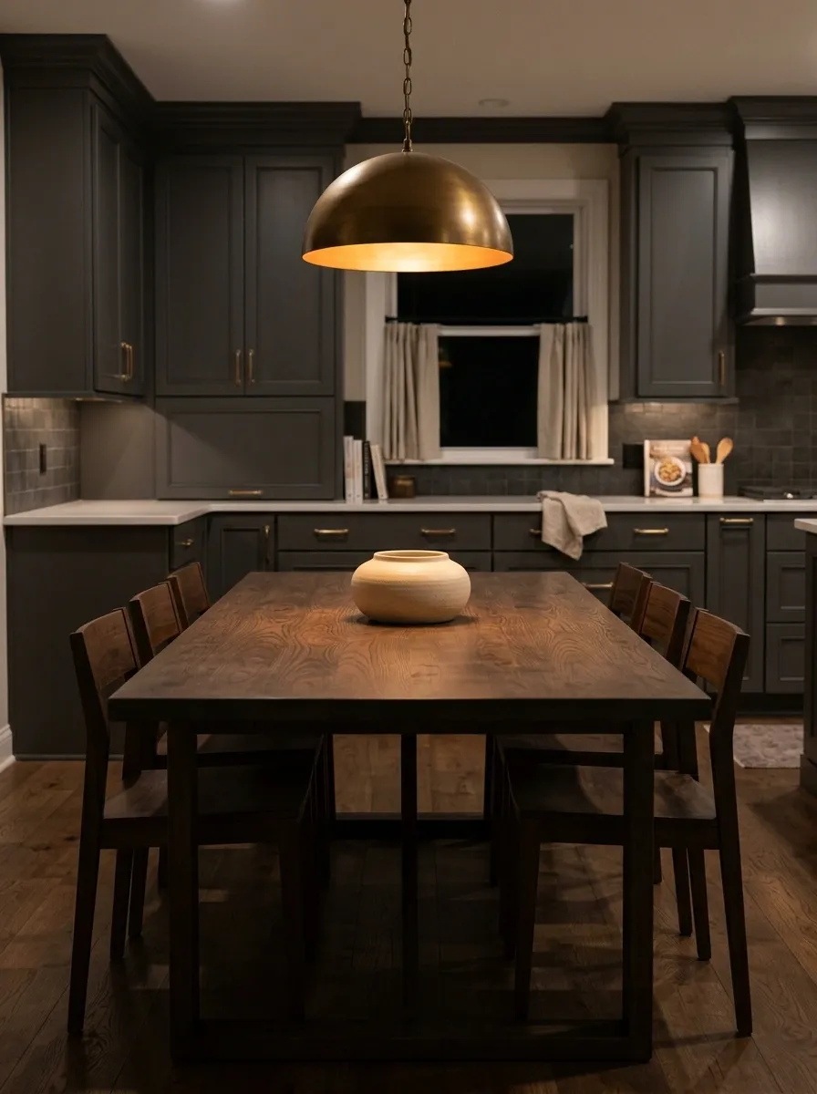 Moody Kitchen With Charcoal Table and Amber Lighting