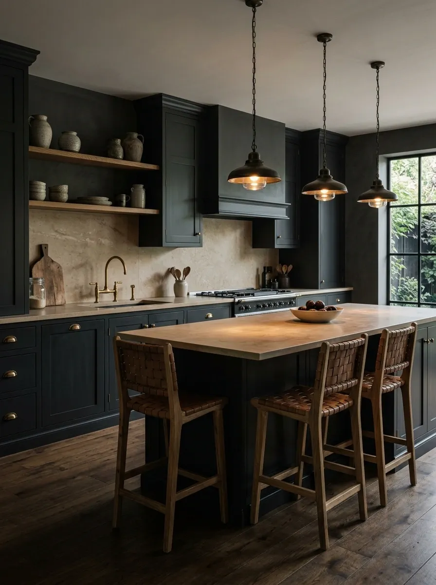 Moody Kitchen With Deep Cabinets and Warm Stone