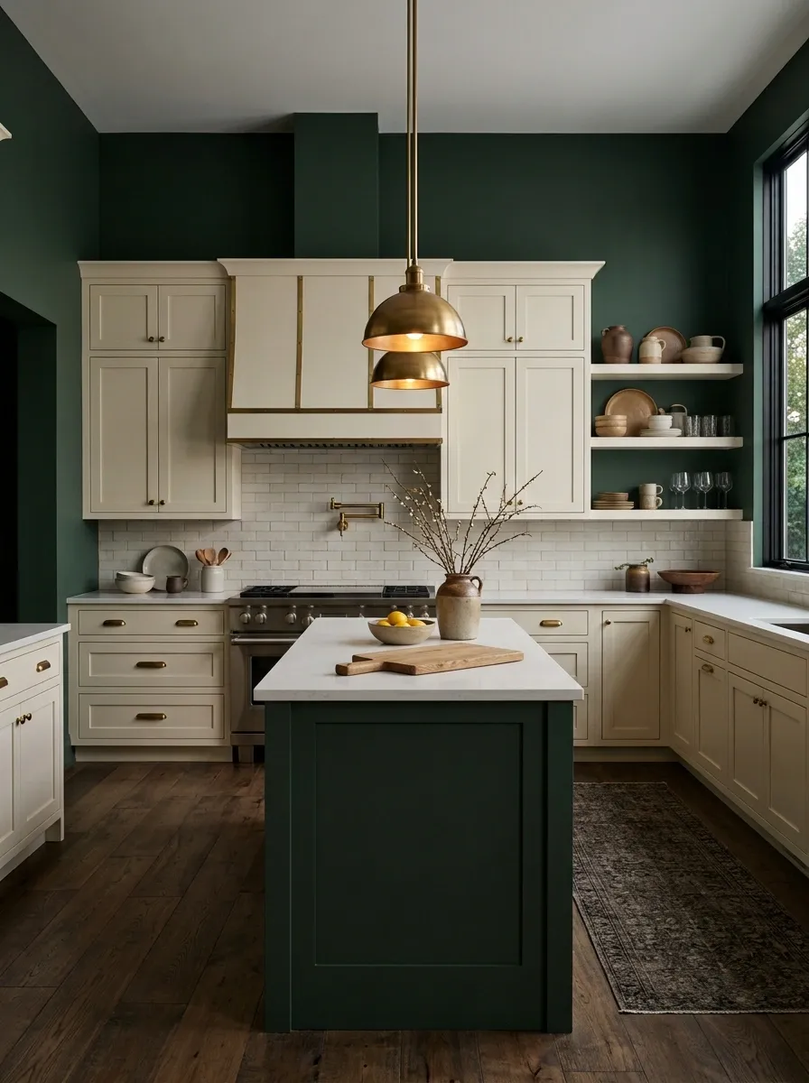 Moody Kitchen With Deep Green Walls and Brass Details