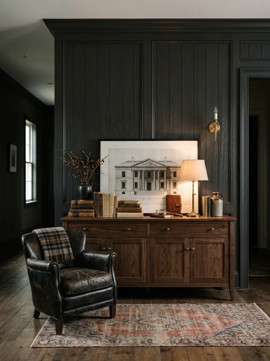 Moody Library-Style Console With Books, Art, and Deep Brown Tones