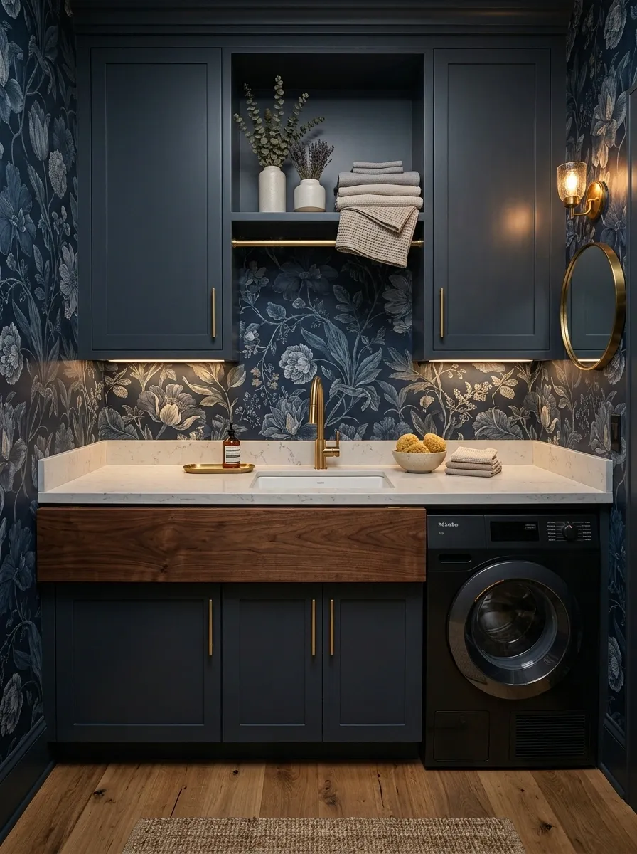 Moody Navy Floral With Walnut Cabinetry