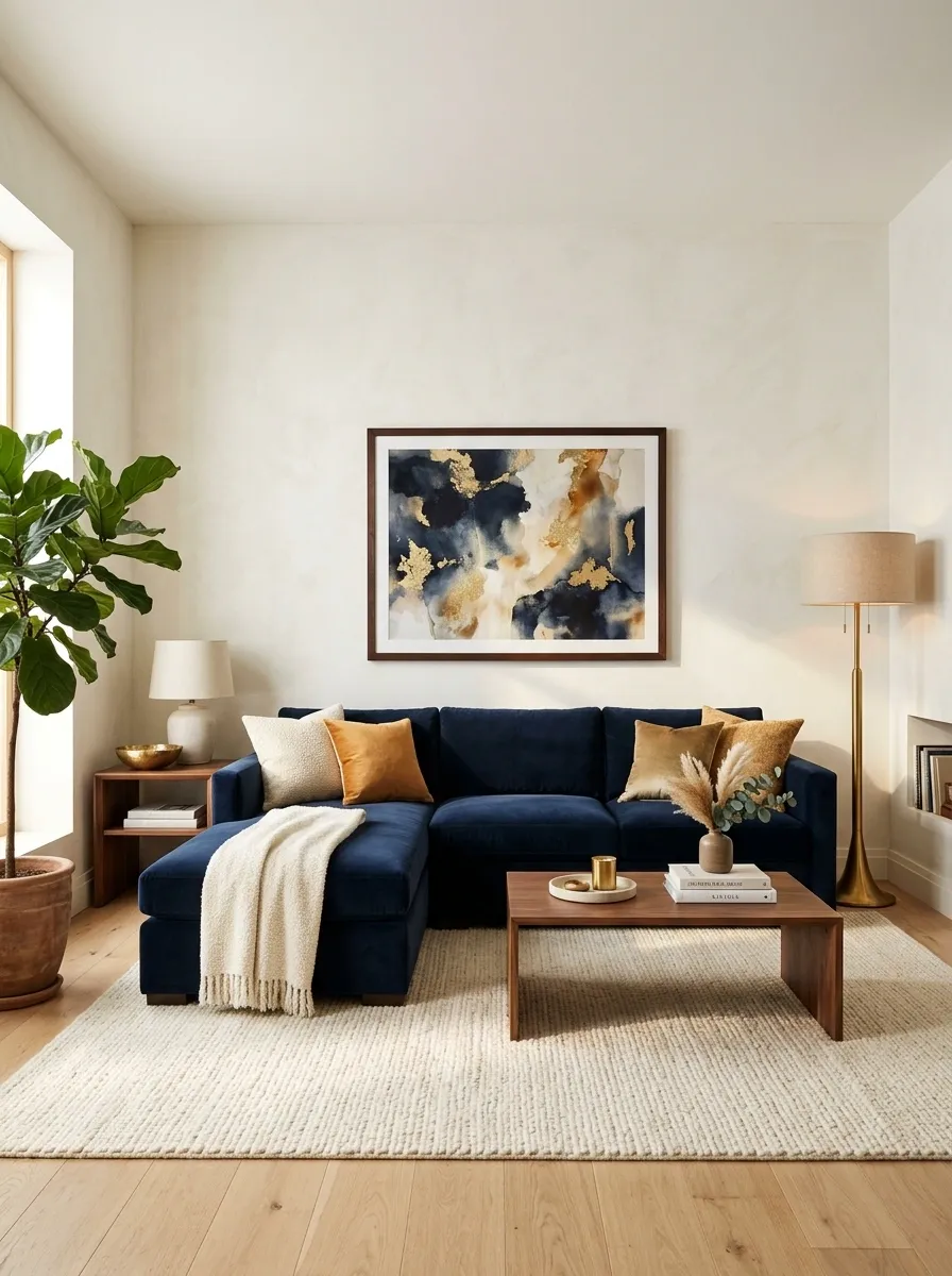 Moody Navy Sectional With Brass Lighting and Cream Walls