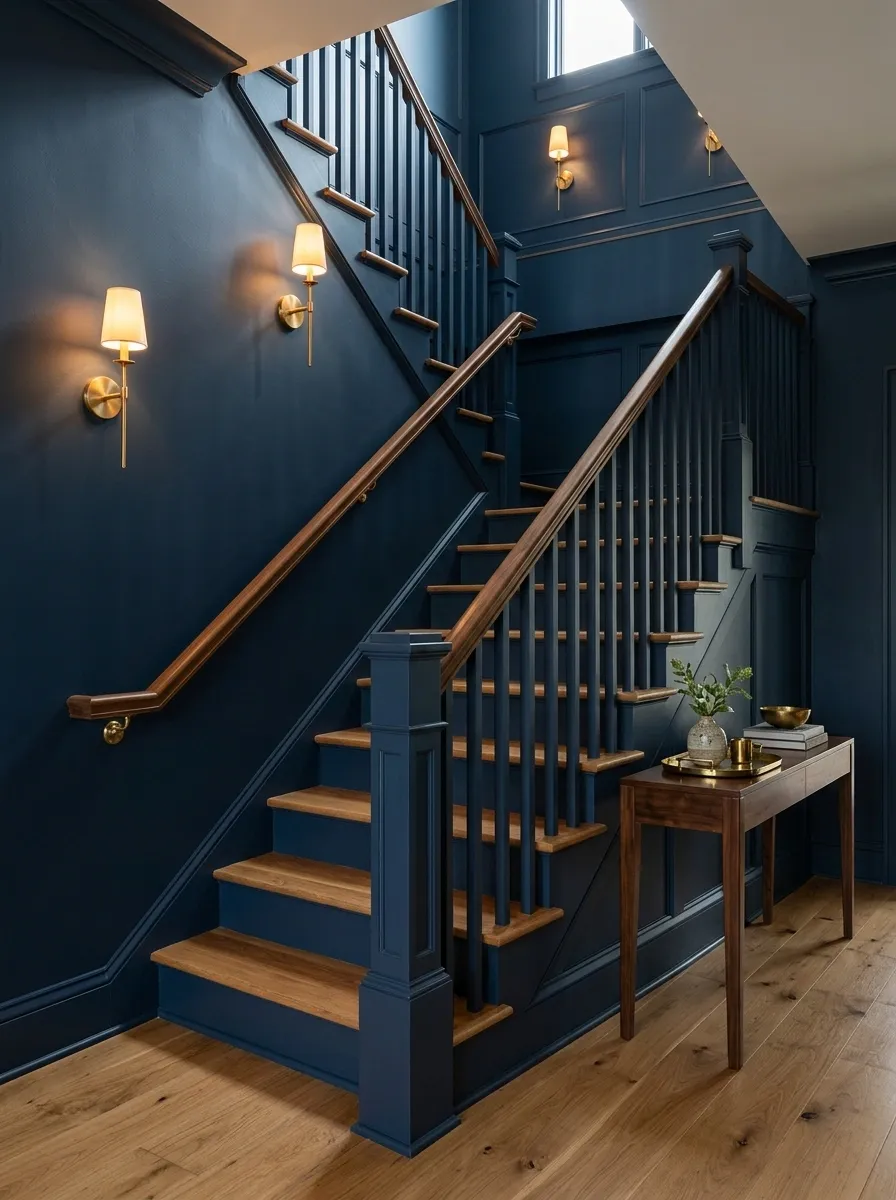 Moody Navy Staircase With Brass Lighting and Walnut Details