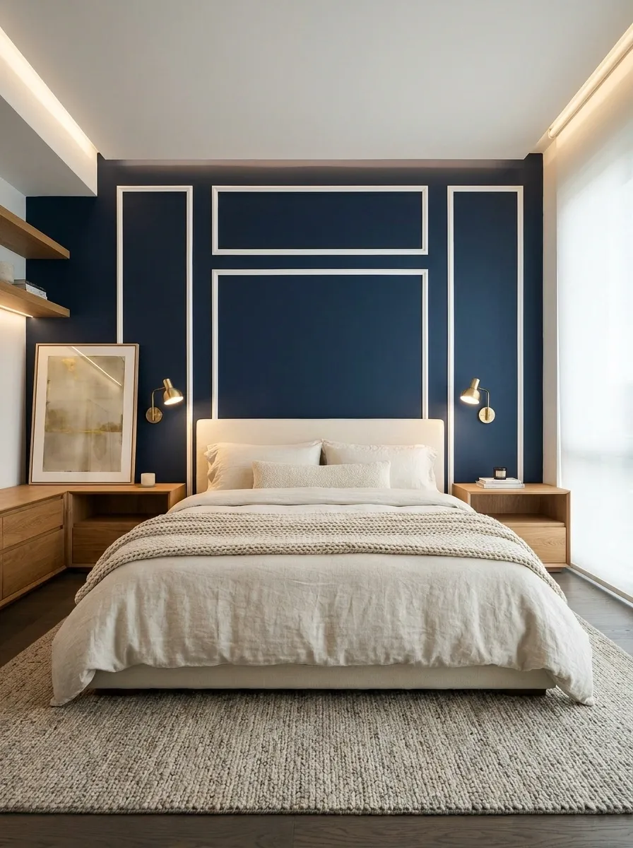 Moody Navy Wall With Crisp White Architectural Trim