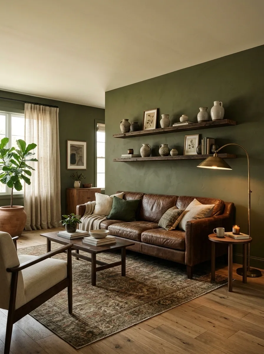Moody Olive Living Room With a Brown Leather Couch