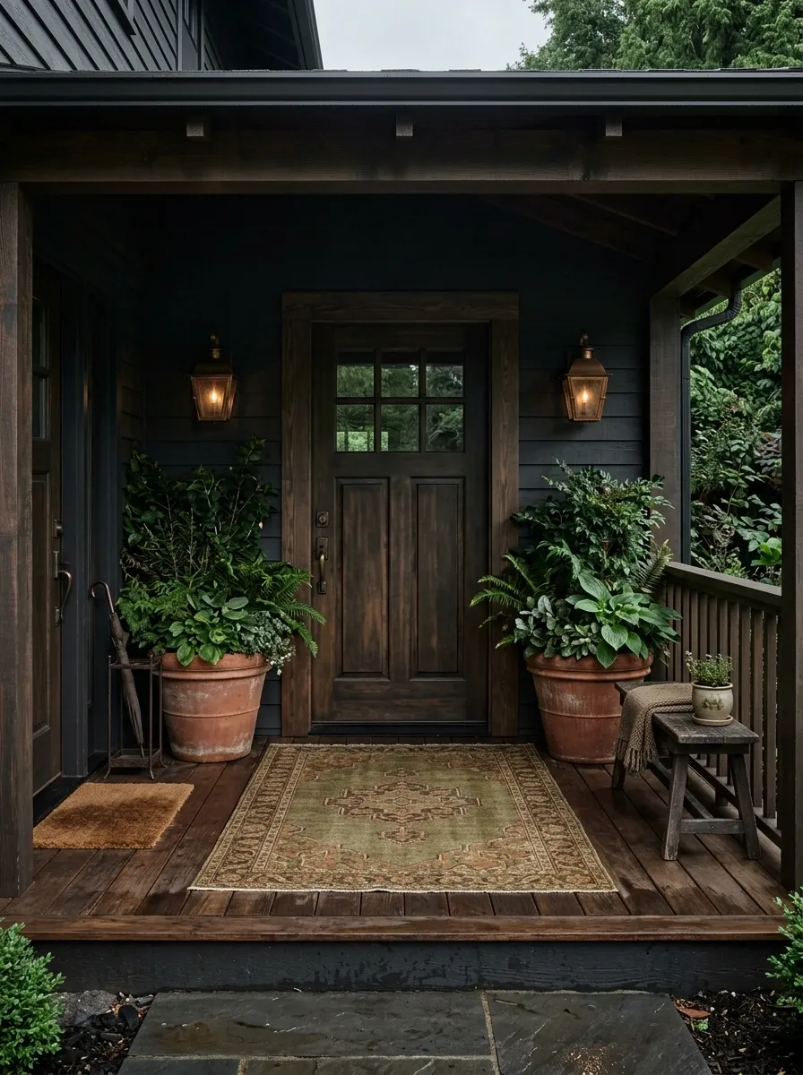 Moody Olive Rug With a Dark Wood Porch