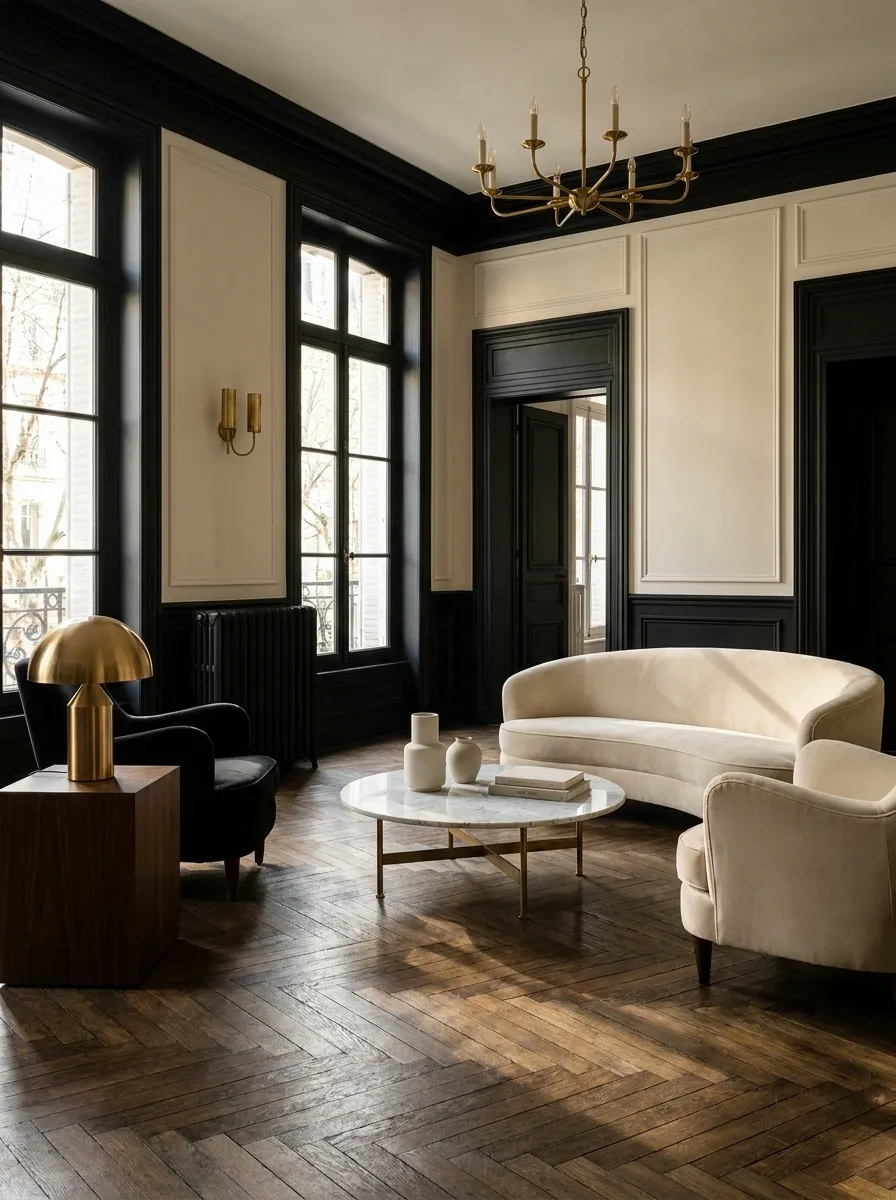 Moody Parisian Apartment With Black Trim and Soft Cream Furniture