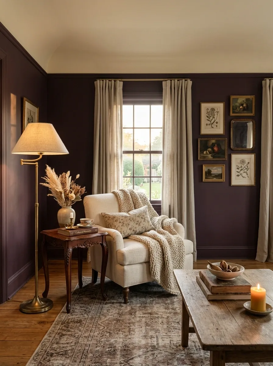Moody Plum Apartment With Antique Wood and Cream Upholstery