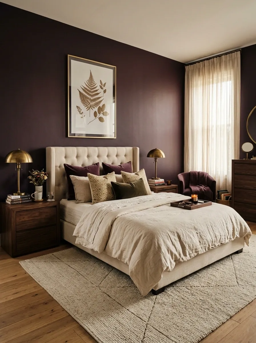 Moody Plum Bedroom With Deep Walls and Antique Brass