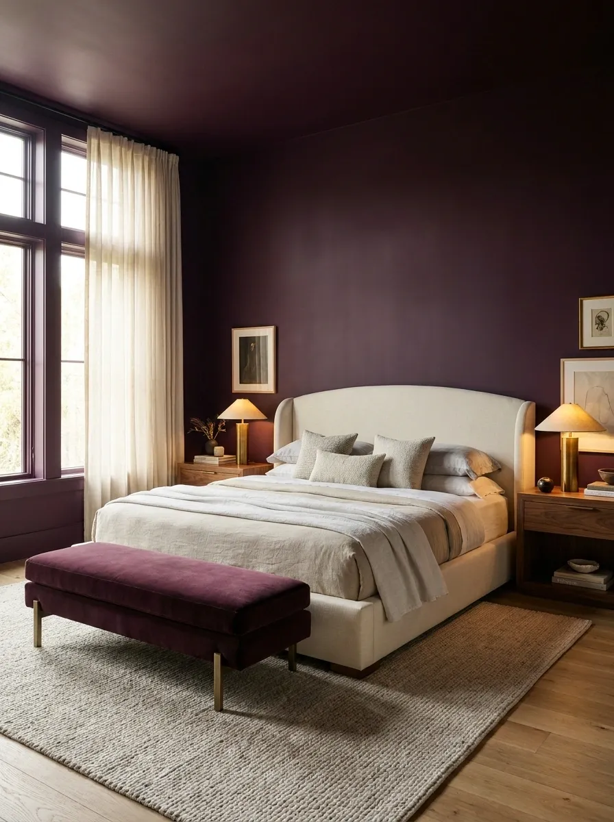 Moody Plum Bedroom With Soft Lighting and Velvet Accents