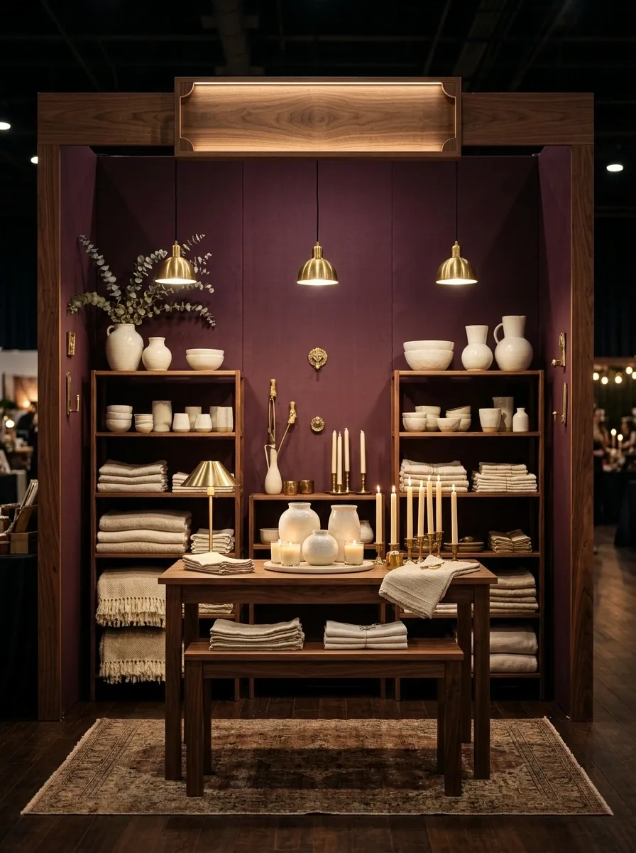 Moody Plum Booth With Velvet, Walnut, and Soft Lighting