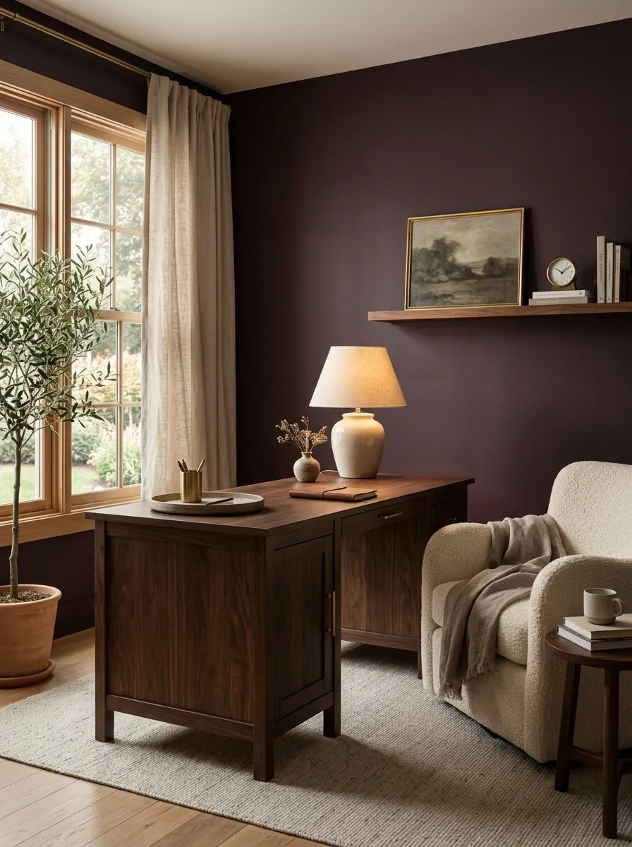 Moody Plum Office With Walnut Furniture