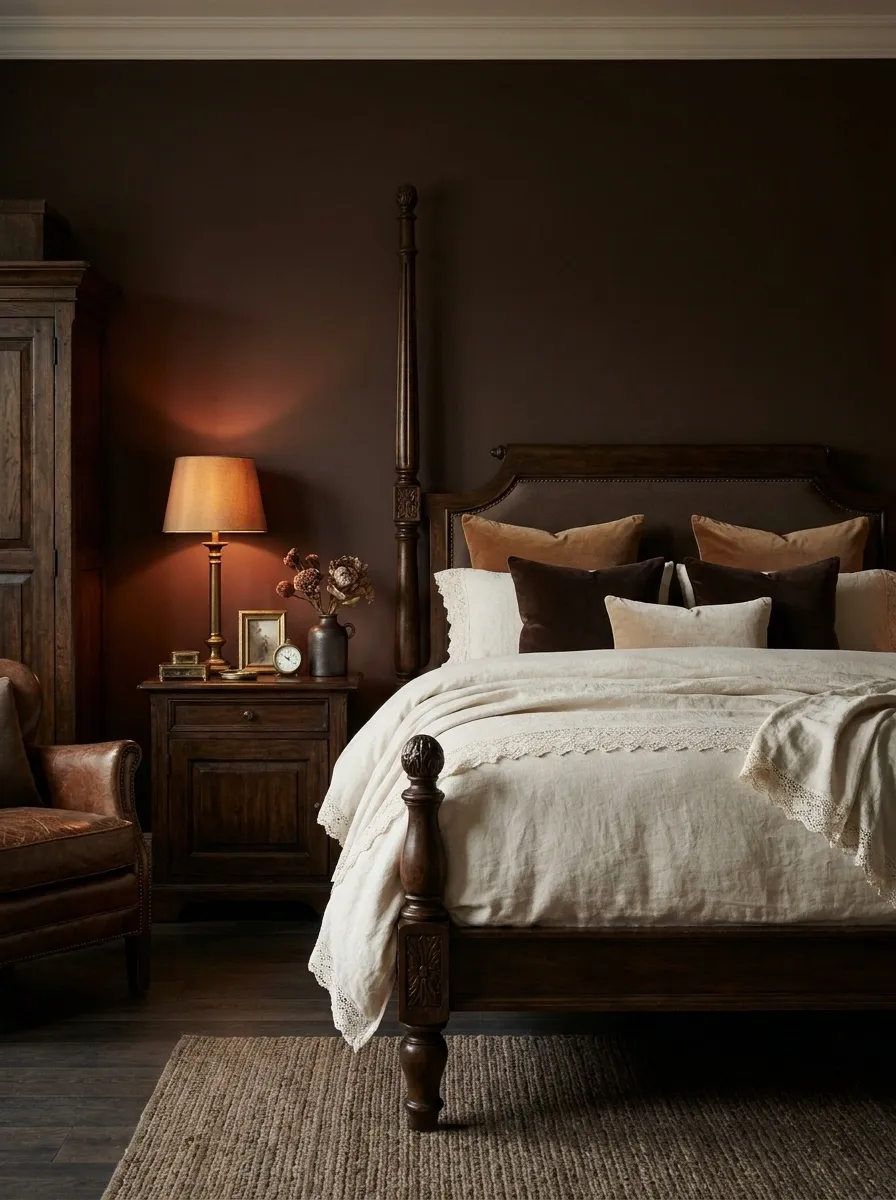 Moody Romantic Bedroom With Chocolate Walls and Lace-Inspired Textiles