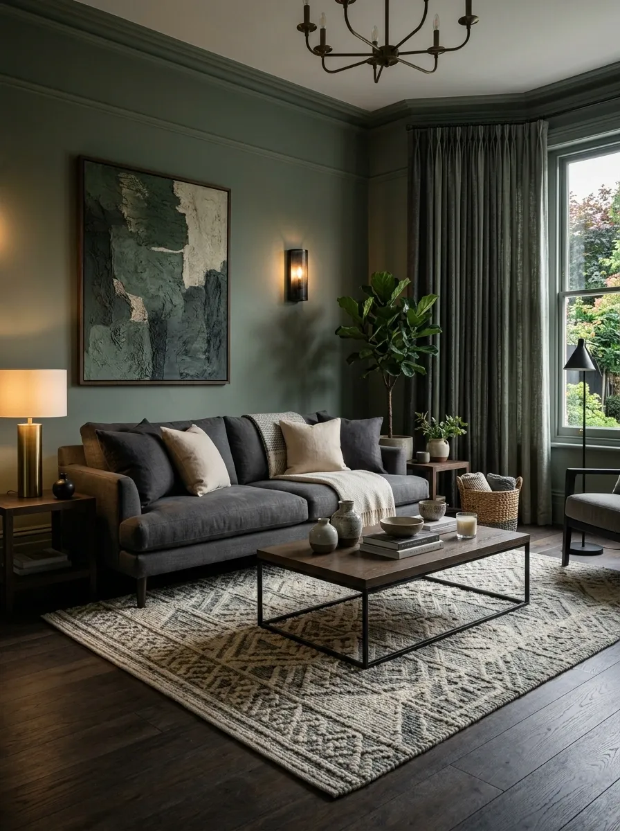 Moody Sage Living Room With Charcoal and Smoked Oak