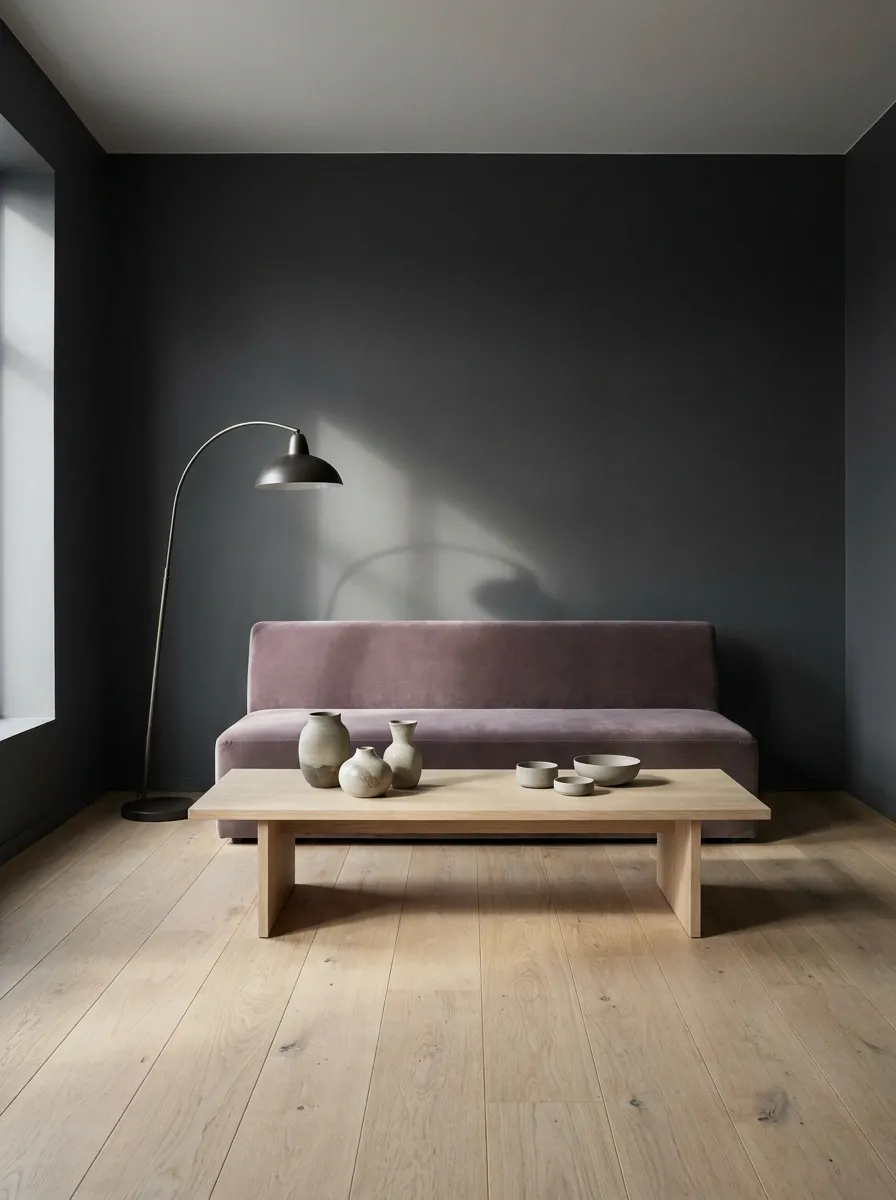 Moody Scandinavian Apartment With Charcoal, Oak, and Mauve
