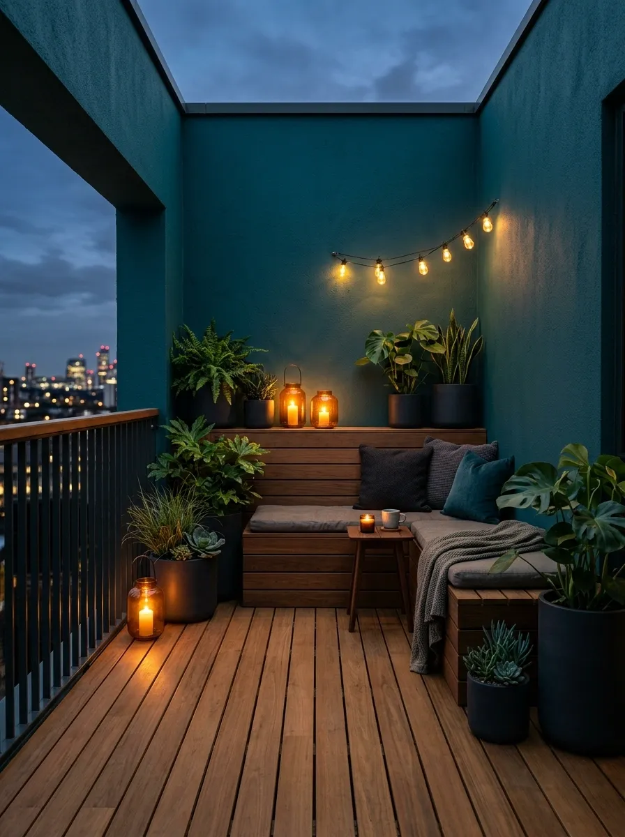 Moody Teal Balcony With Layered Lantern Light