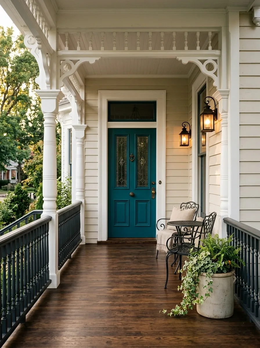 Moody Victorian Porch With Charcoal Railings and a Jewel-Toned Door