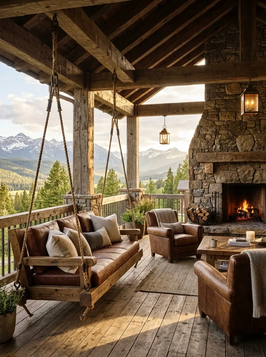 Mountain Porch With Leather-Cushioned Swing and Stone Fireplace