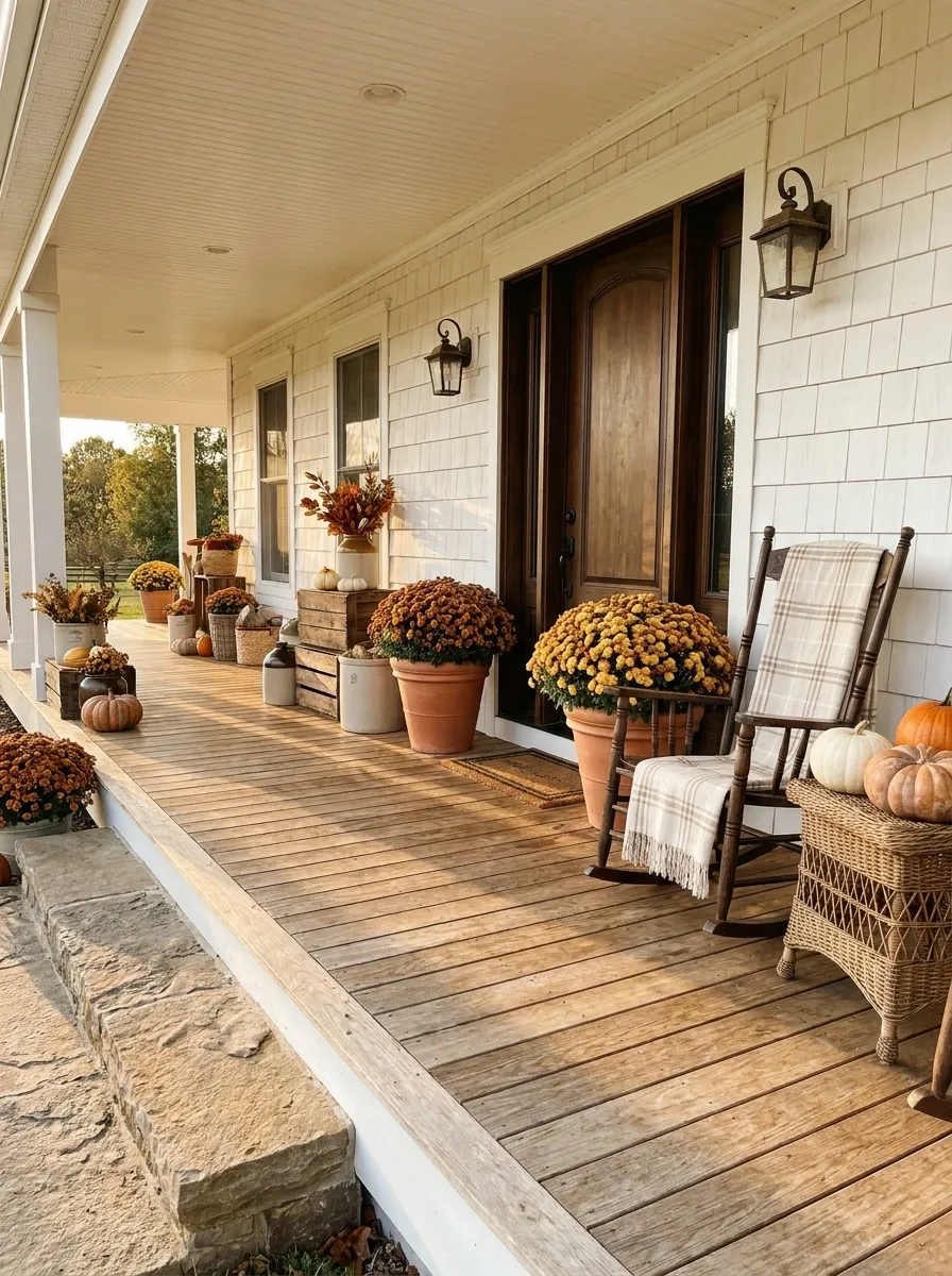 Mums and Pumpkins Along a Broad Wraparound Porch
