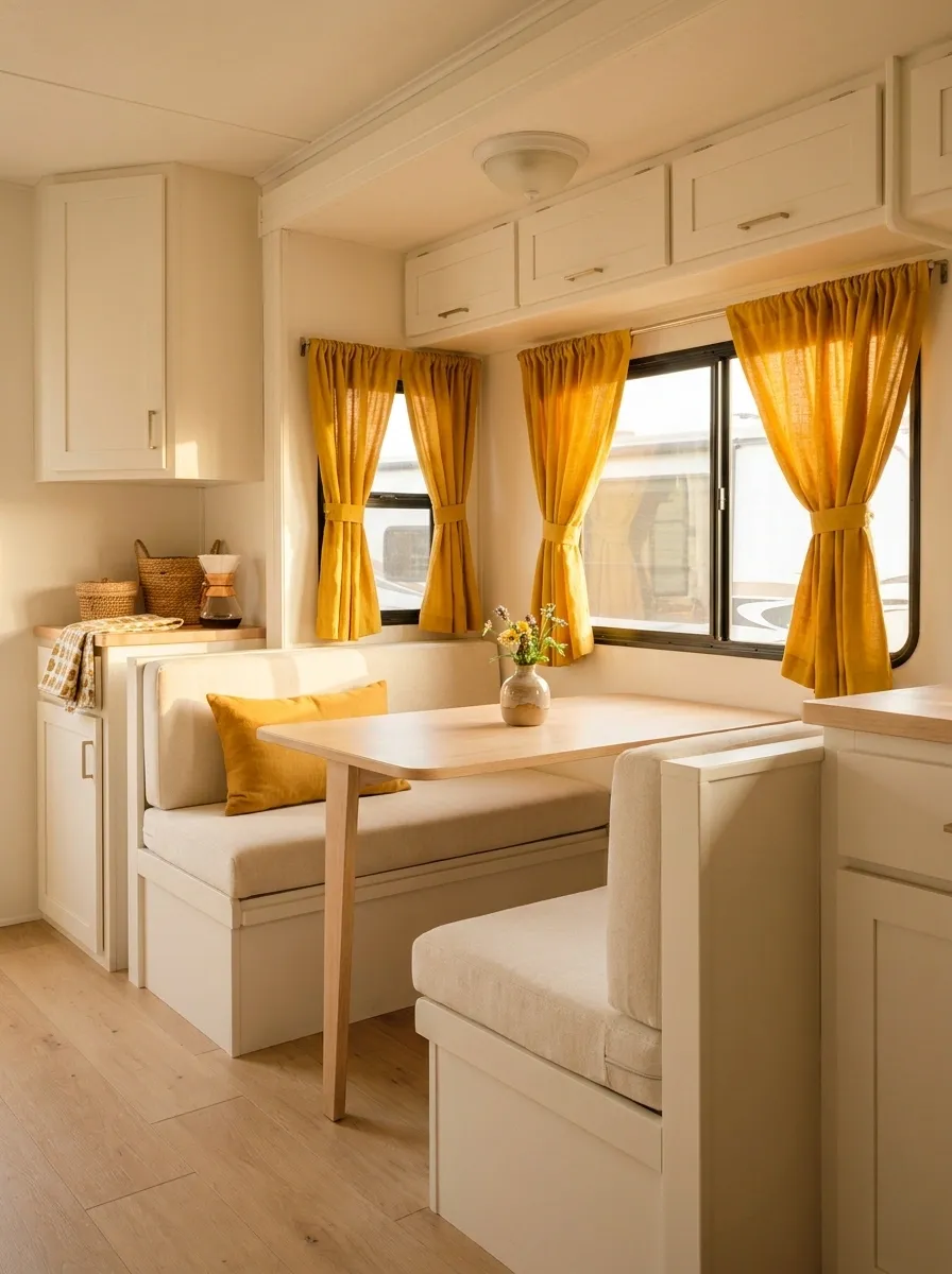 Mustard Curtains in a Playful Family Camper