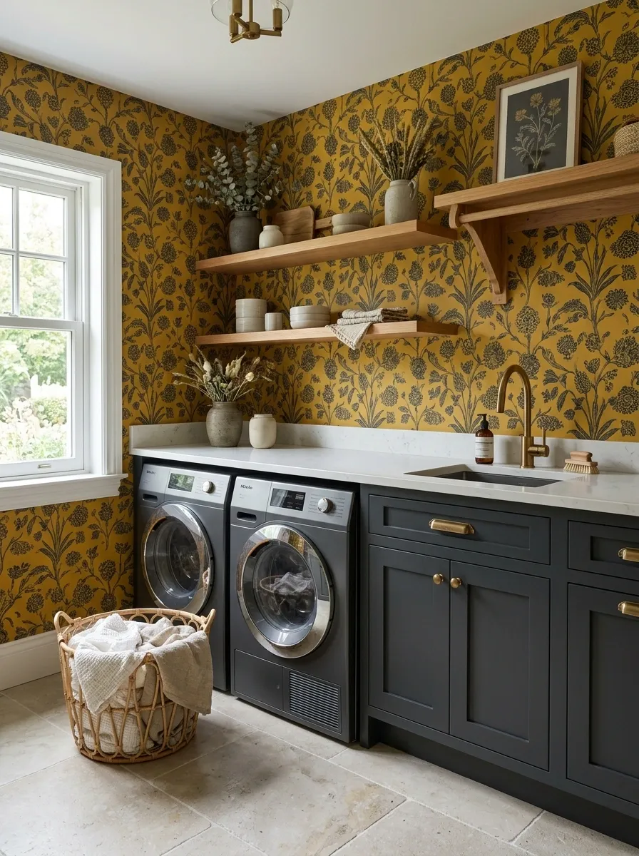 Mustard Floral Wallpaper With Deep Charcoal Cabinets