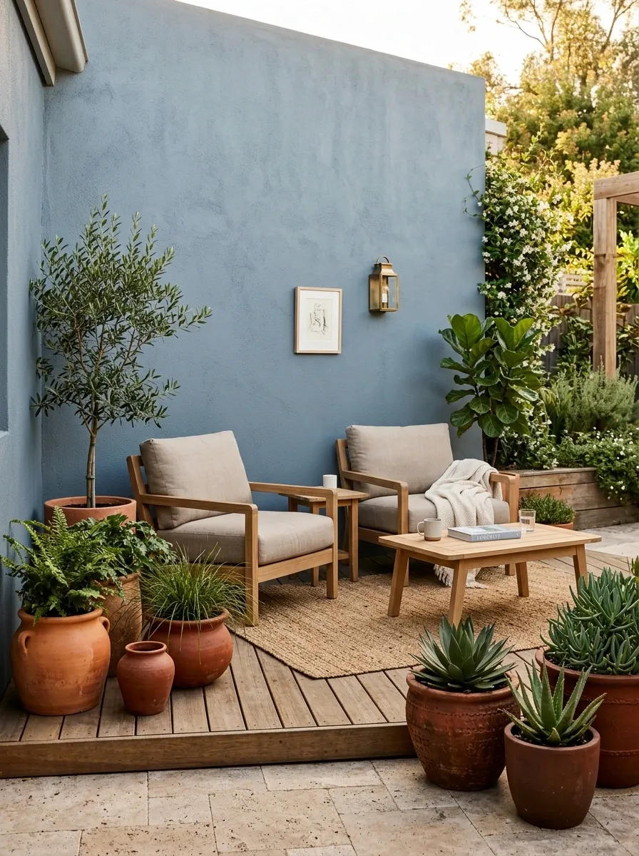Muted Blue-Gray and Terracotta Patio