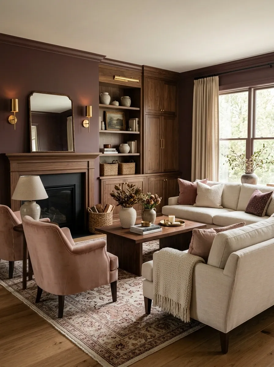 Muted Burgundy Living Room With Blush, Walnut, and Cream