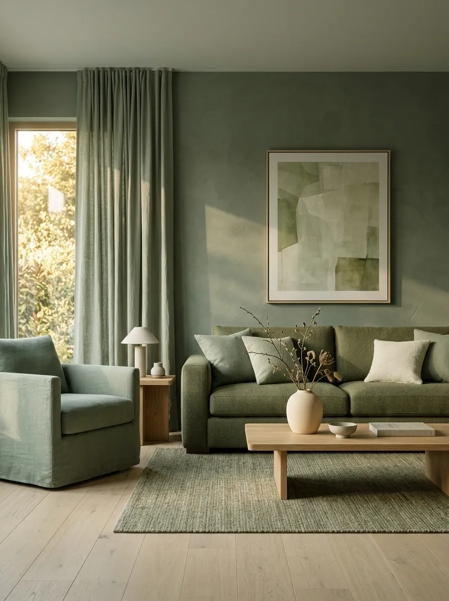 Muted Green Living Room With Monochromatic Upholstery and Drapery