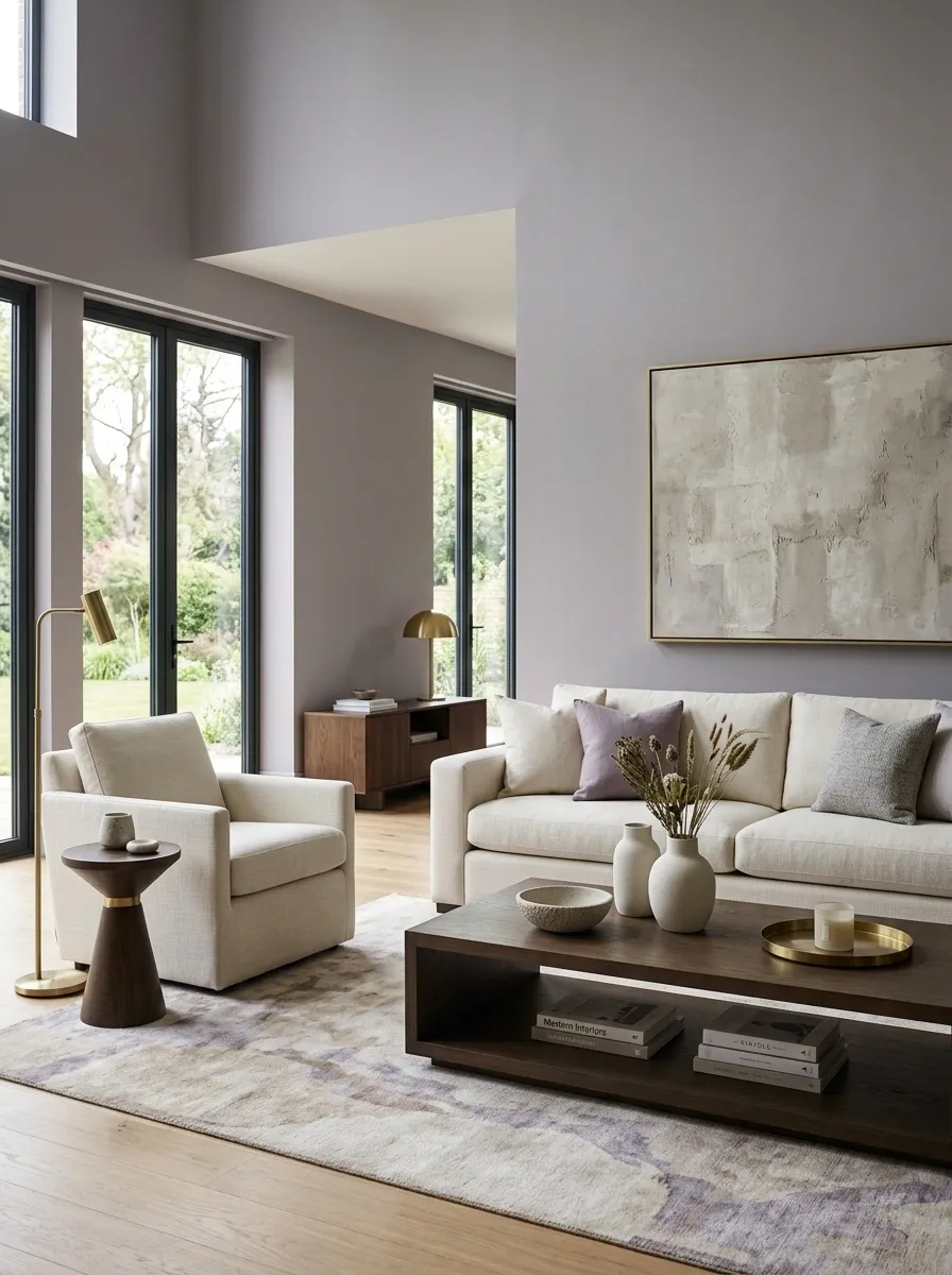Muted Lavender-Gray Living Room With Cream and Dark Oak