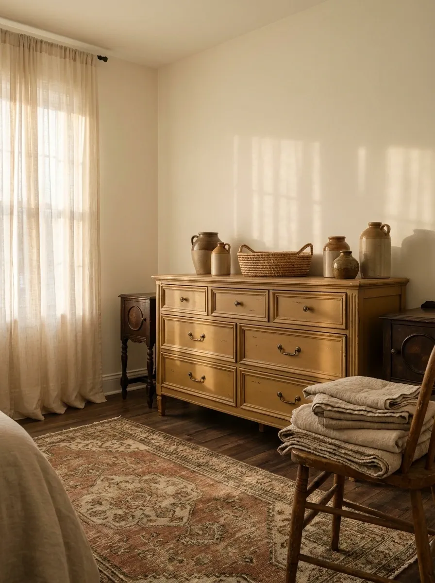 Muted Mustard Furniture In A Warm Vintage Bedroom