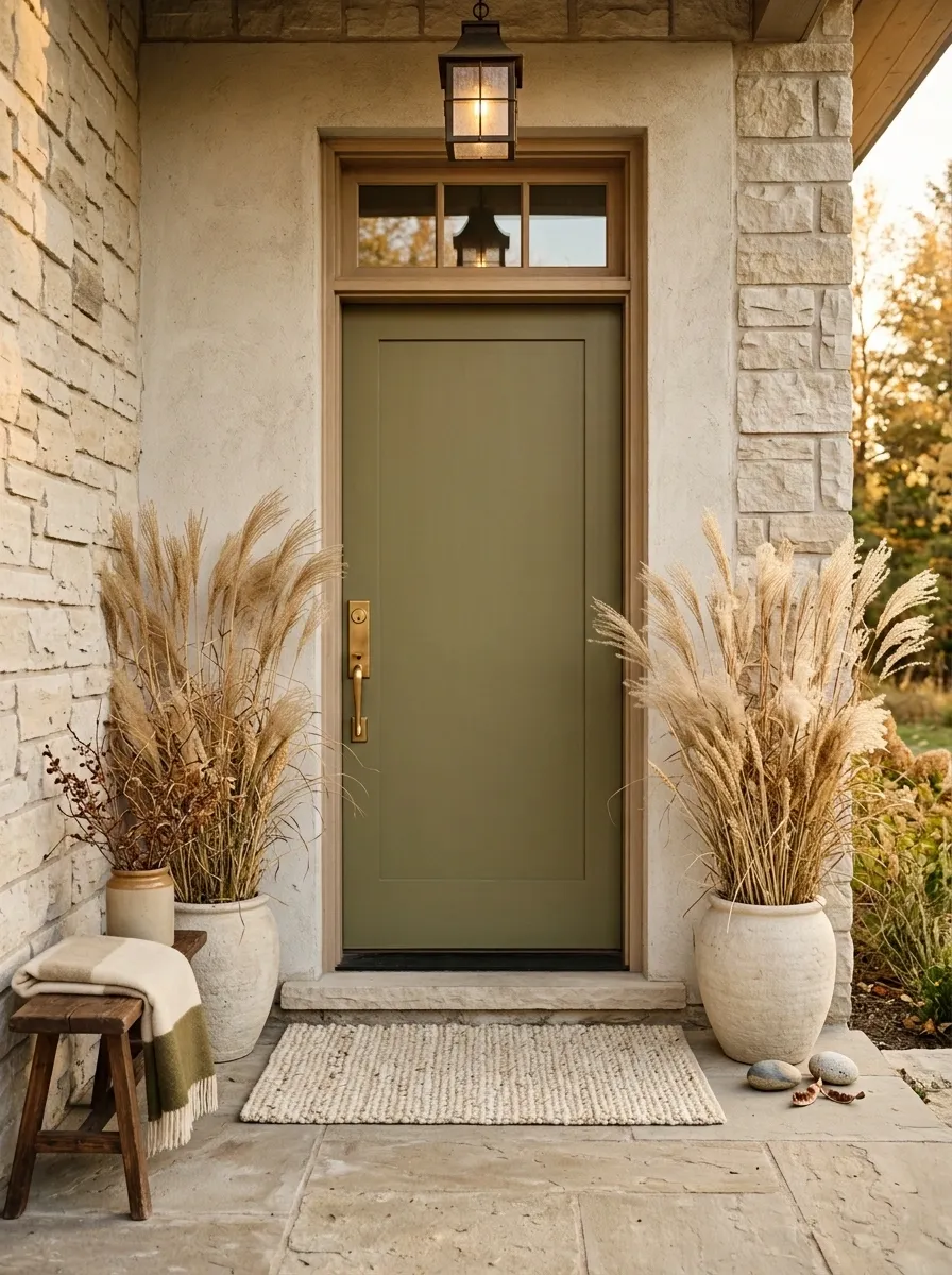 Muted Olive Door With Cream Mat and Dried Grasses