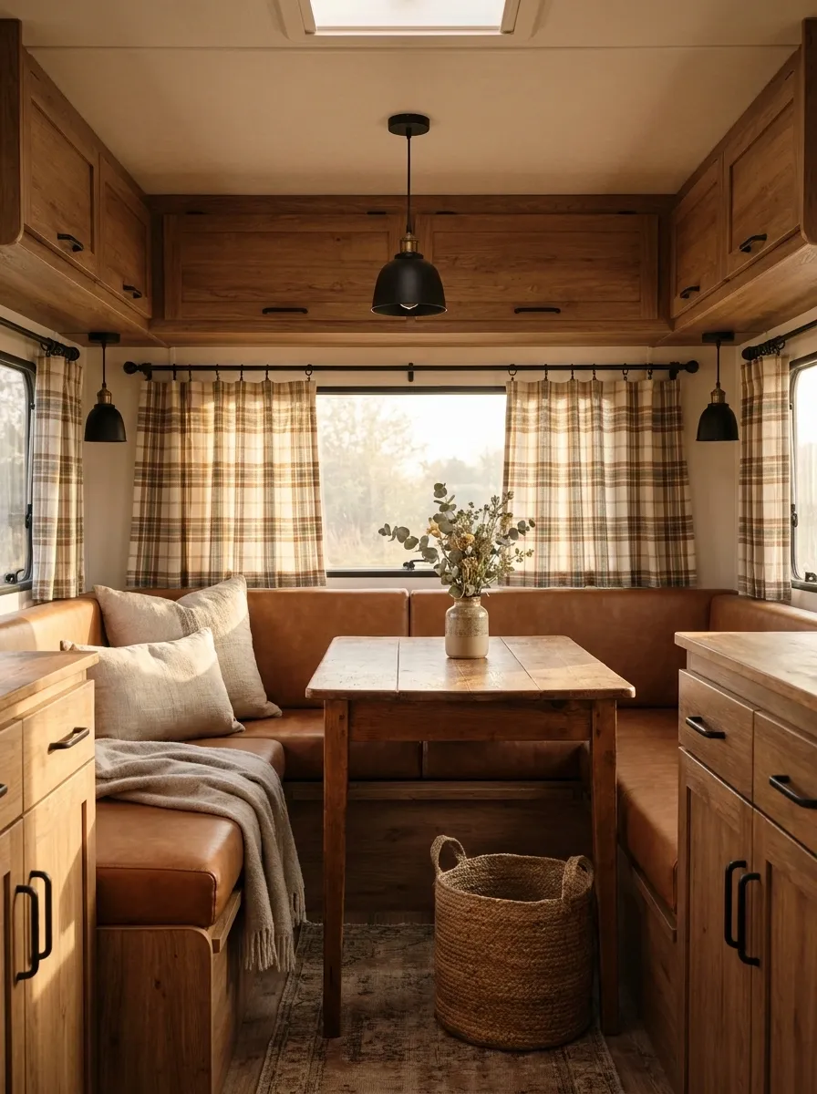 Muted Plaid Curtains in a Rustic RV Interior