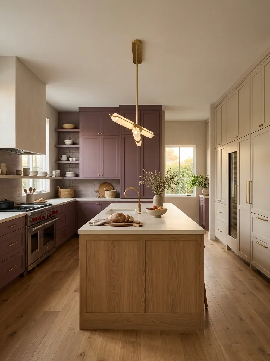 Muted Plum, Almond, and Oak Artistic Kitchen