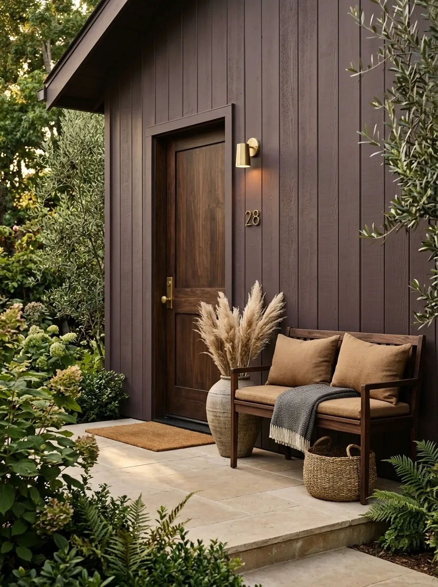 Muted Plum-Brown Porch With Camel and Brass