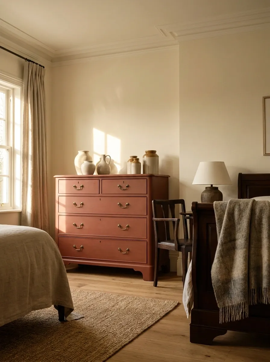 Muted Red Furniture In A Warm Traditional Bedroom