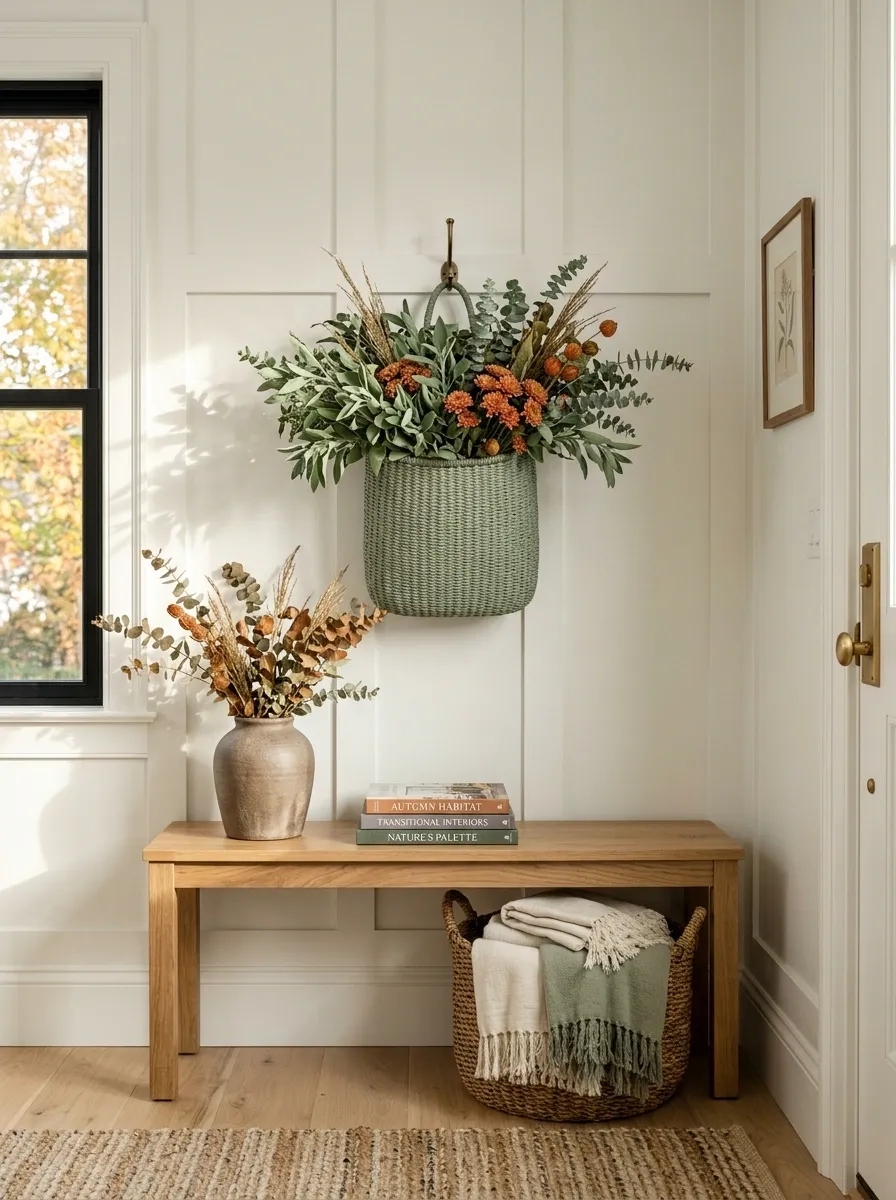 Muted Sage Basket With Dusty Orange Mums