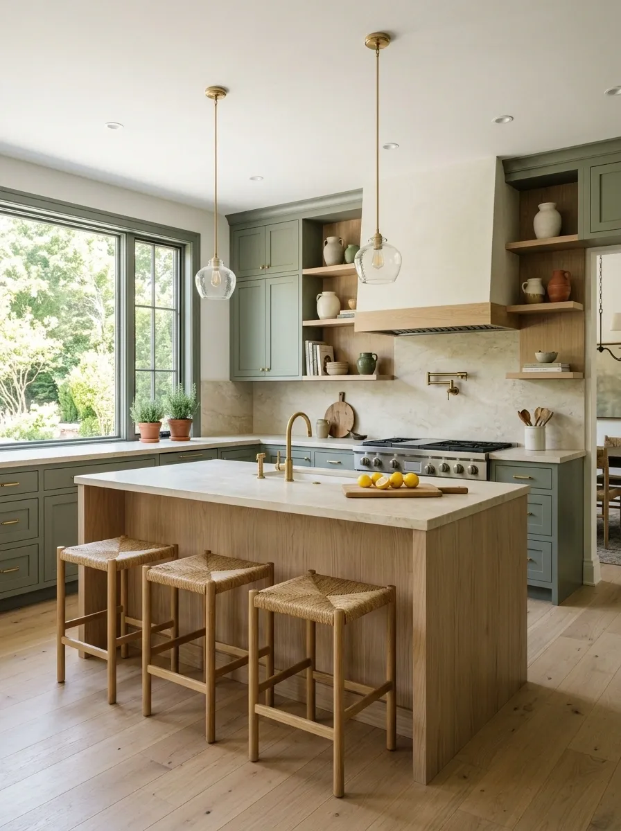 Muted Sage Green Kitchen With Natural Oak and Soft Limestone